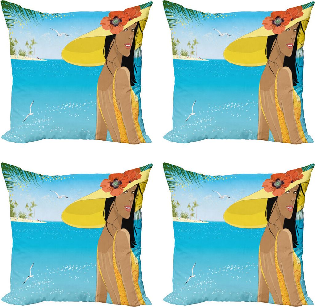 ABAKUHAUS Strand Kissenbezug Set (4 Stück), Junge Frau Tropical Sea, Moderner Doppelseitiger Digitaldruck, 45 cm x 45 cm, Mehrfarbig