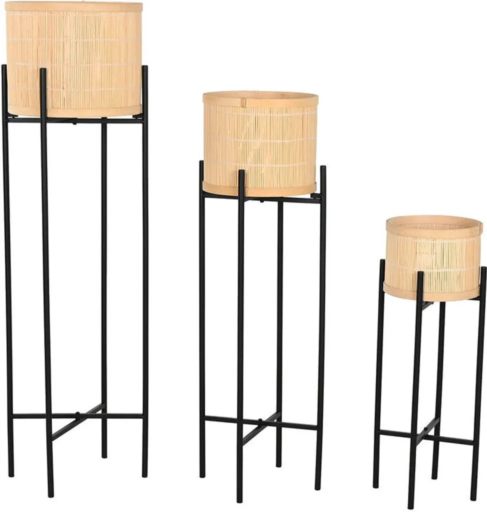 Jeu de 3 pots de fleurs Home ESPRIT noir et bambou 31x31x103 cm métal