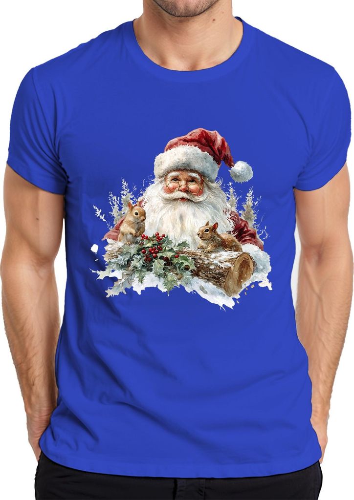 Weihnachtsmann Eichhörnchen Stechpalme Schnee Holzstamm Vintage Herren T-Shirt, Blau, S
