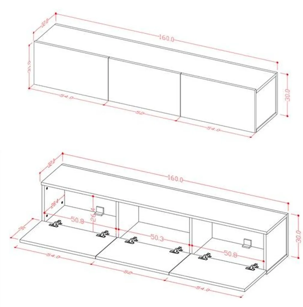 Meuble de télévision à 3 compartiments rabattables, finition érable 160cm