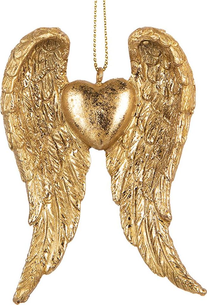 A gold-colored Christmas ornament shaped like angel wings with a heart in the center, hanging from a chain.