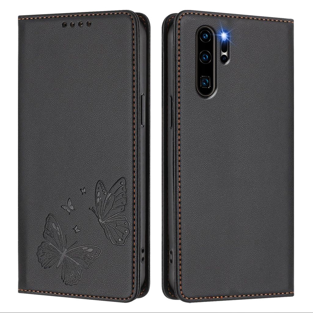 Lederhülle für Huawei P30 Pro, Schmetterling Prägung Leder Brieftasche Schutzhülle mit Ständer Schwarz