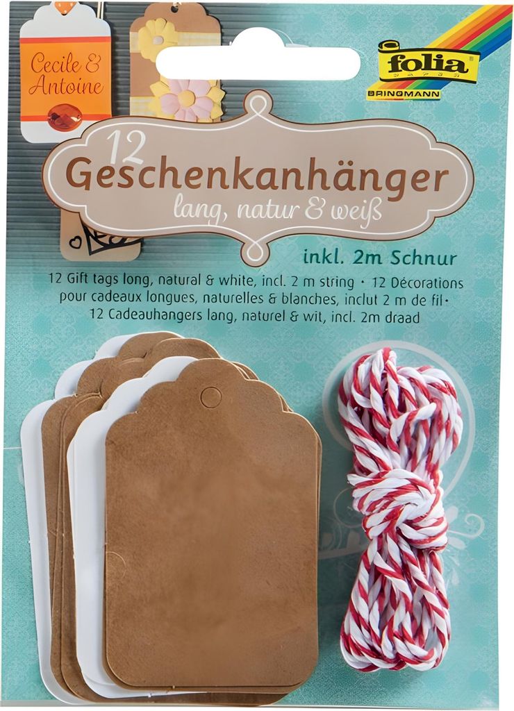 folia Geschenkanhänger lang natur & weiß 12 Stück + 1 Produktbild 