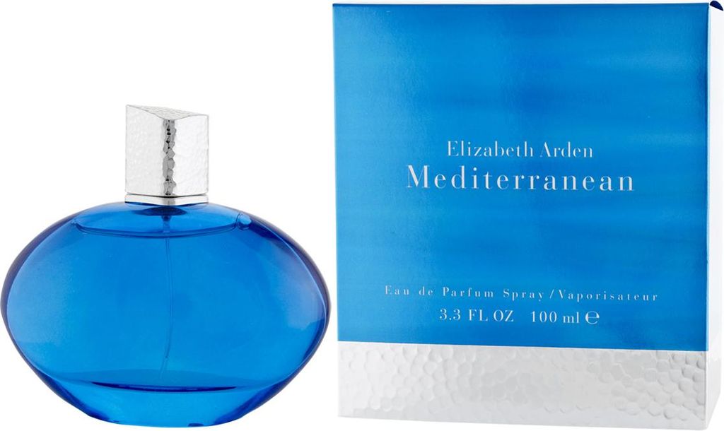 A bottle of Elizabeth Arden Mediterranean perfume and its packaging are shown against a white background.