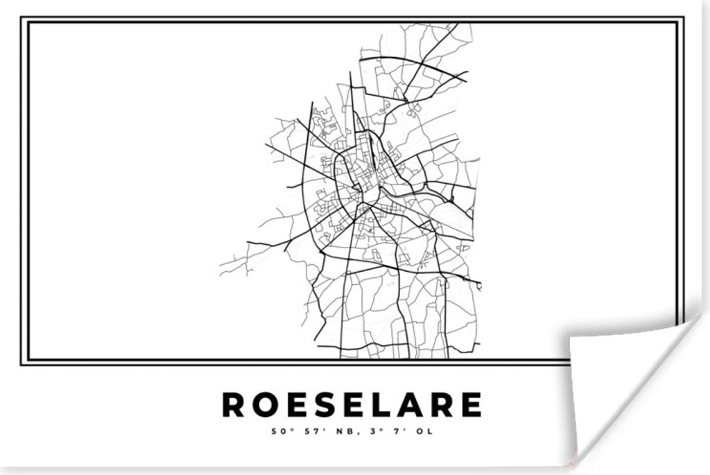 MuchoWow Poster Karte - Stadtplan - Roeselare - Belgien - Schwarz und weiß 60x40 cm - Schlafzimmerdekoration