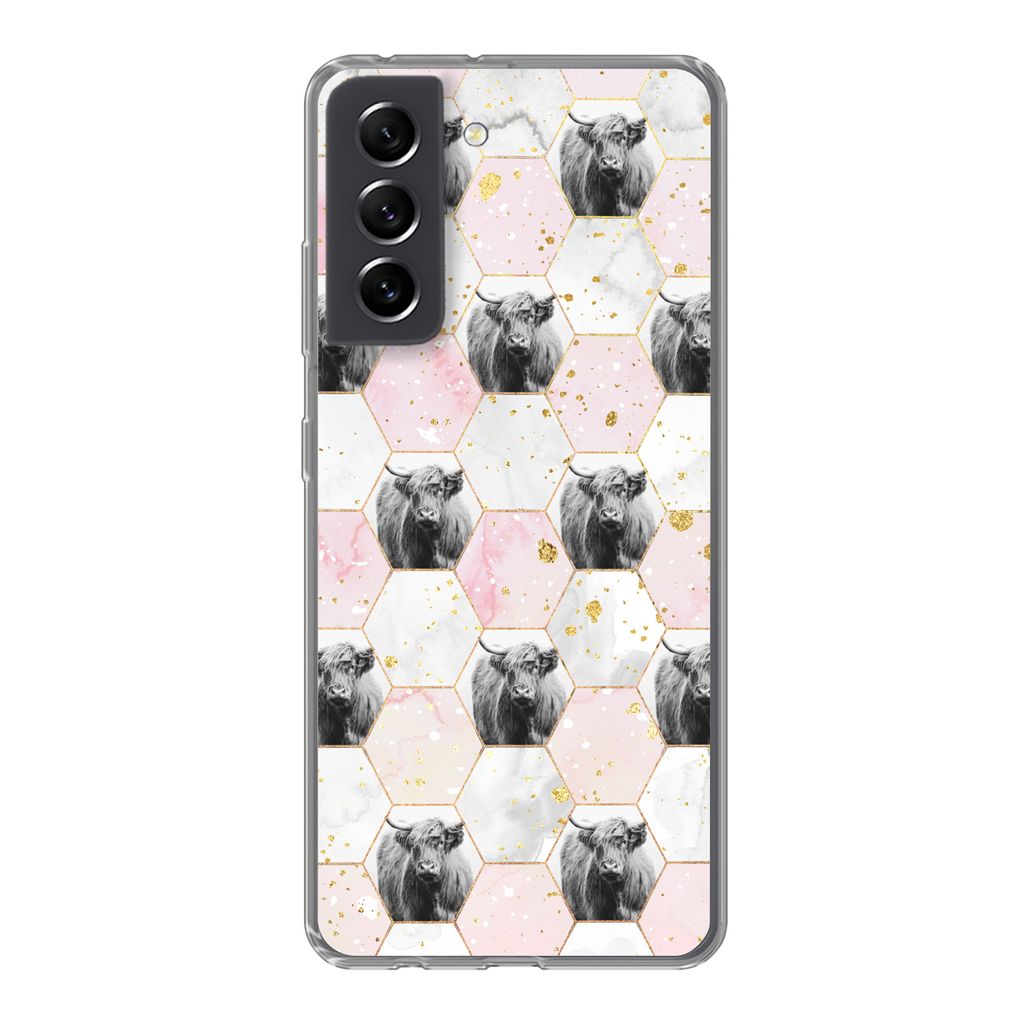 MuchoWow Handyhülle Schutzhülle Hülle für Samsung Galaxy S21 FE Schottischer Highlander - Muster - Gold Silikon Softcase Handy Hülle - Mobil...