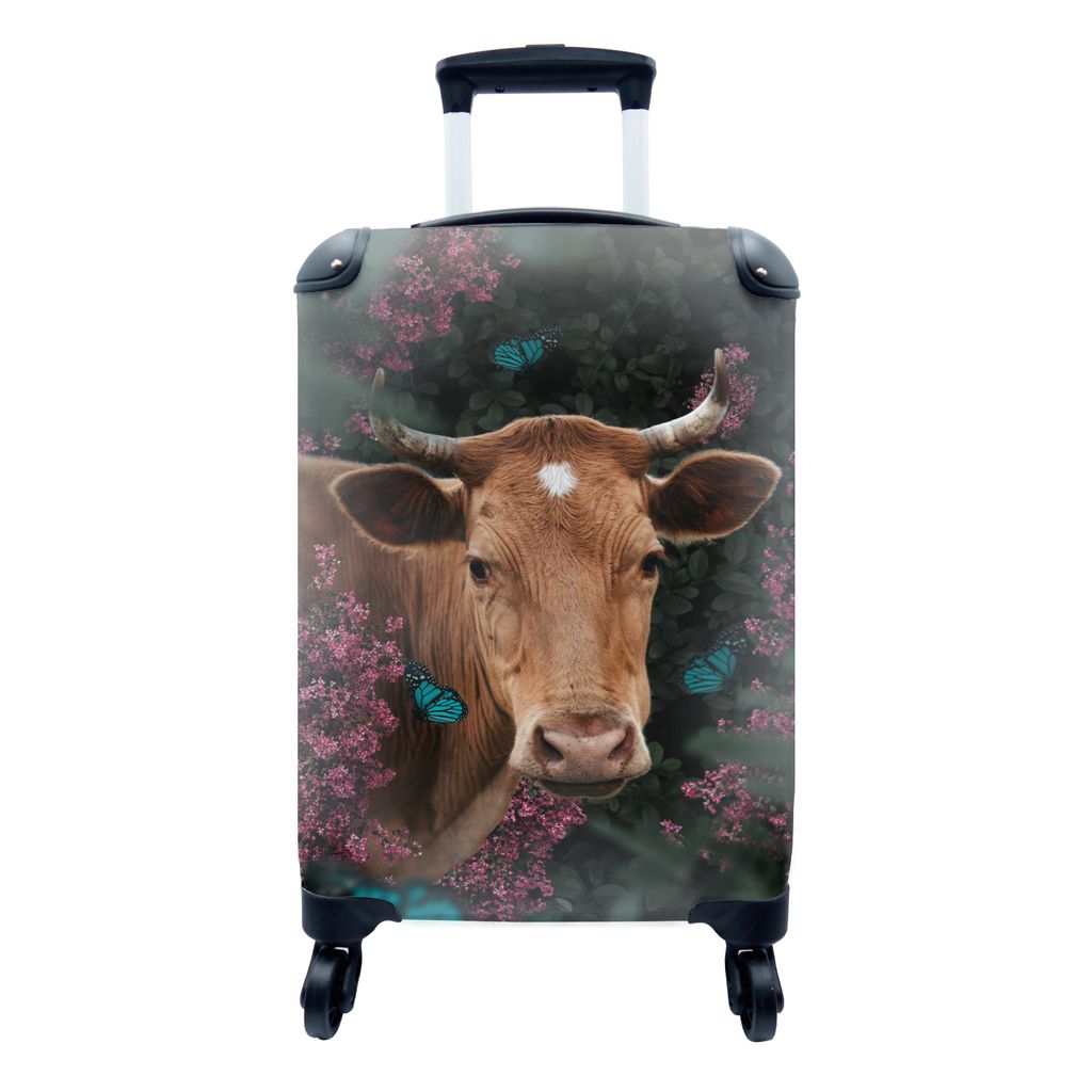 MuchoWow Koffer Handgepäck Trolley Rollkoffer Kleine Reisekoffer mit 4 Rollen - Kuh - Blumen - Schmetterlinge - Porträt - Cabin Size < 55x40x23...