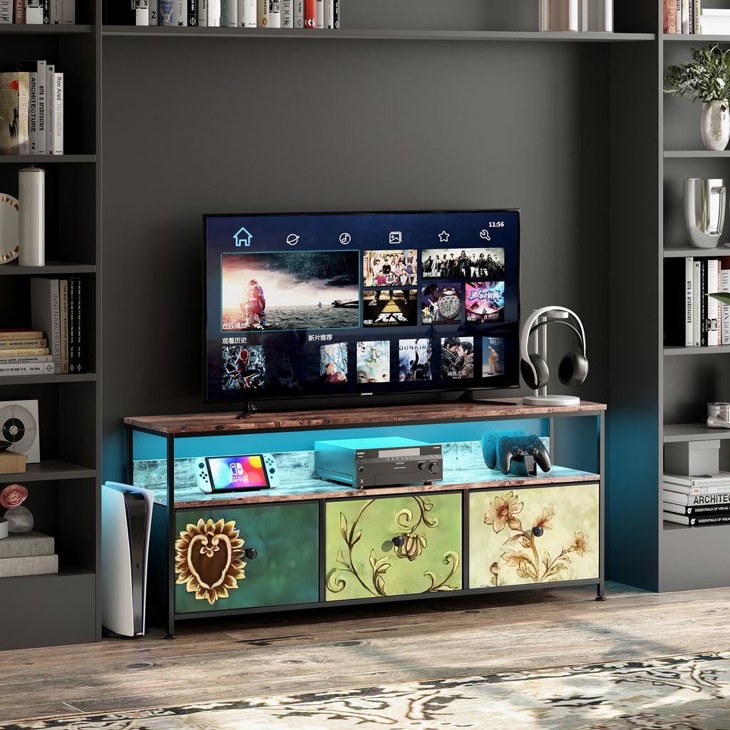 TV-Schrank, Lowboard für Fernseher, Fernsehschrank mit RGB-LED-Leuchten, 137 cm lang, Fernsehtisch mit 3 Schubladen, offenen Fächern, 29.8 x 137 ...