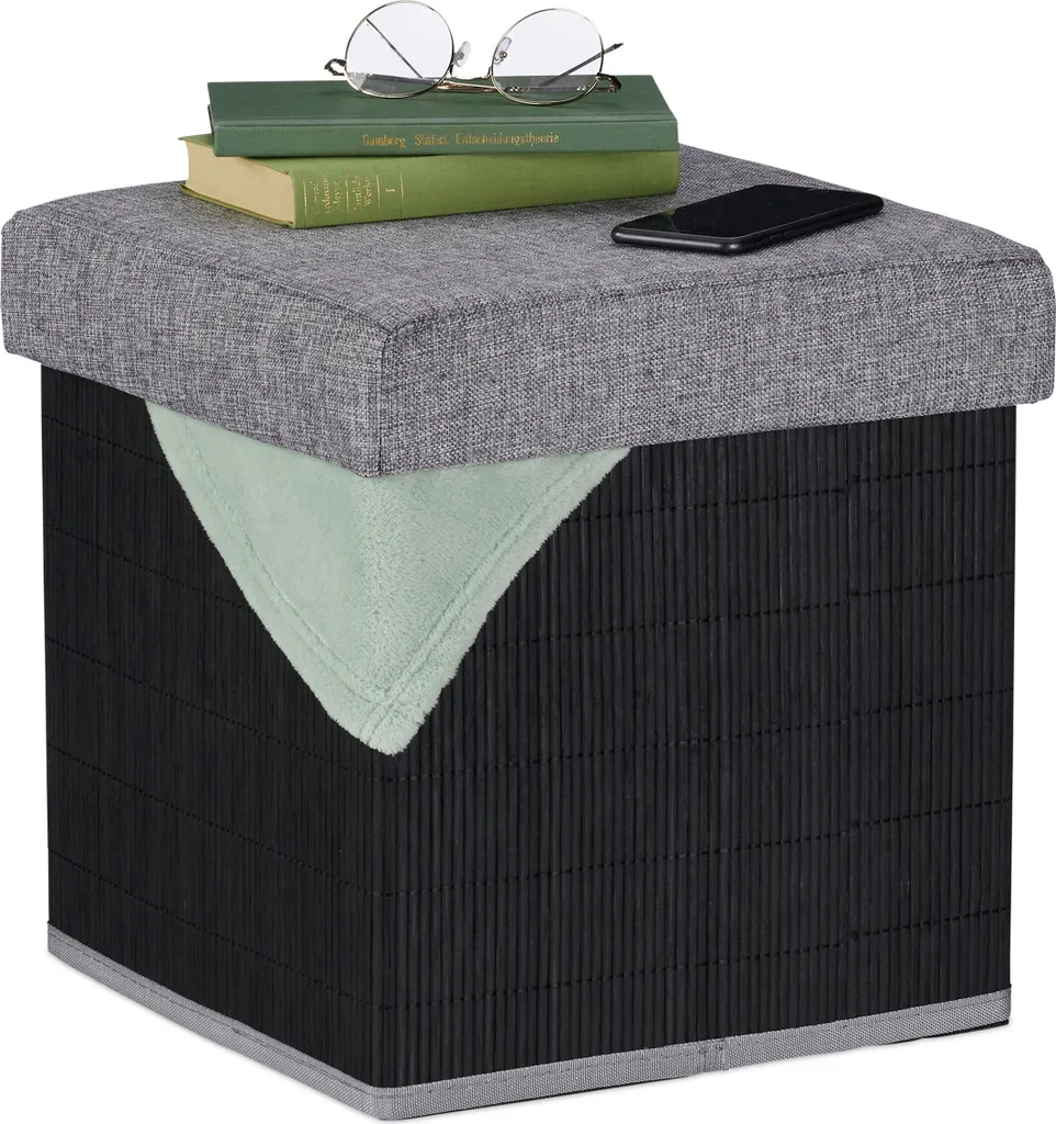 relaxdays Sgabello nero con vano portaoggetti