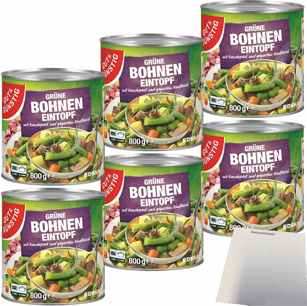 Gut & Günstig Grüne-Bohneneintopf mit Rauchspeck und Rindfleisch 6er Pack (6x800g Dose) + usy Block