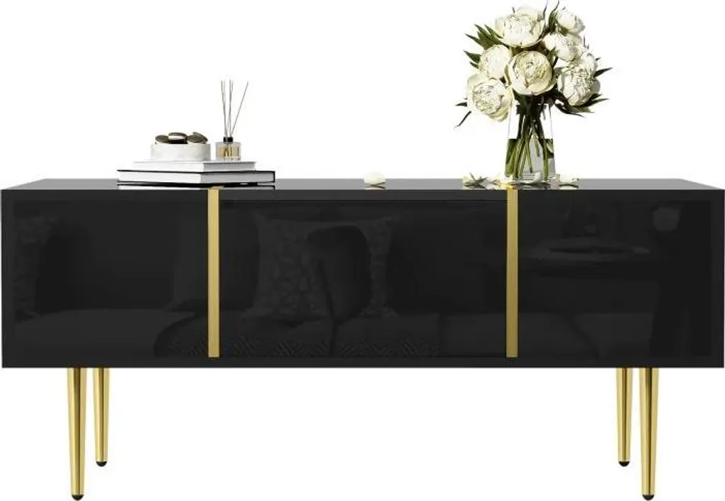 Table basse rectangulaire noir brillant design moderne avec rangement - 9