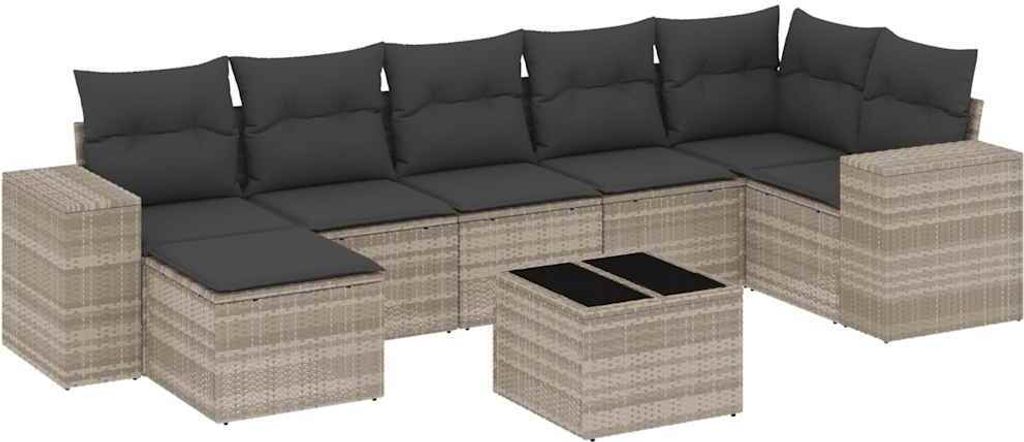 vidaXL 8-tlg. Garten-Sofagarnitur mit Kissen Hellgrau Poly Rattan