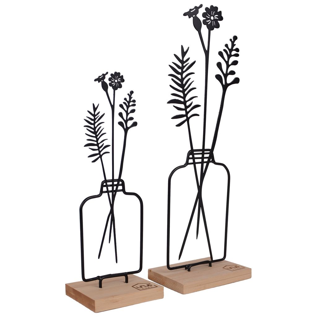 Two decorative metal flower arrangements in bottle-shaped vases, each on a wooden base.