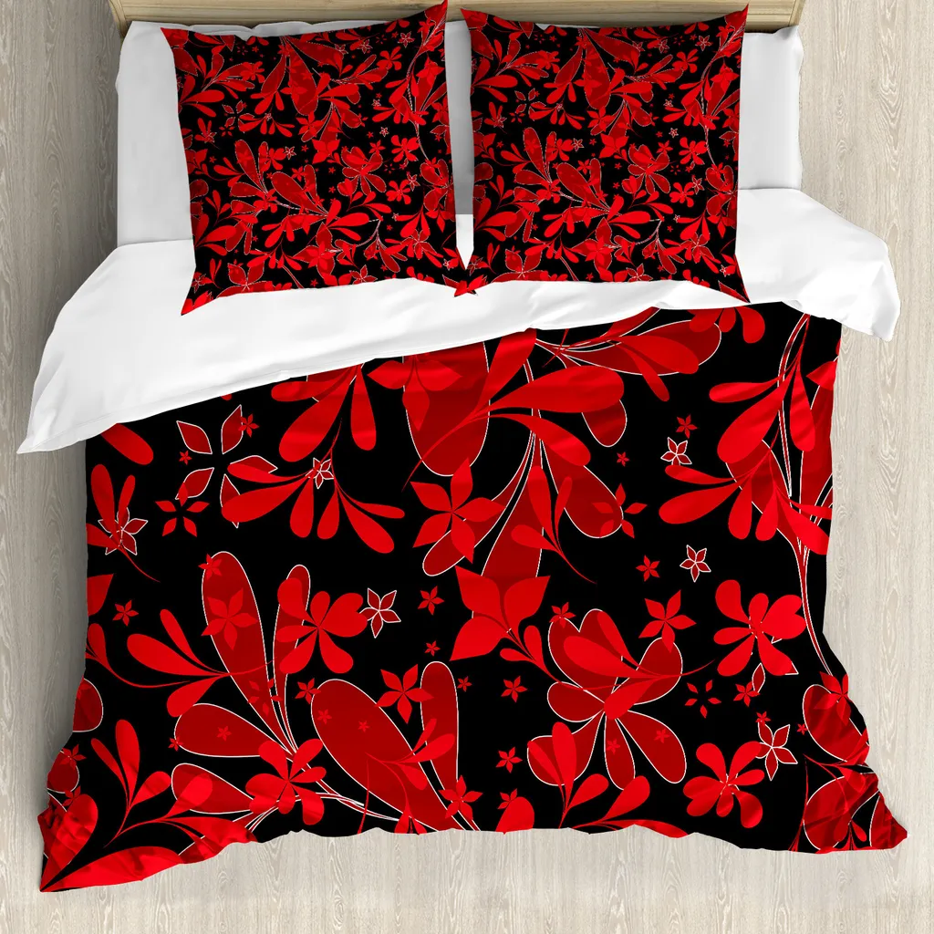 ABAKUHAUS Copripiumino rosso e nero, fiori dell'isola Oceanic, antiacaro, adatto a chi soffre di allergie, con federe, 155 cm x 220 cm - 80 x 80 cm, rubino nero bianco