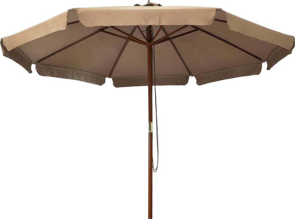 A taupe patio umbrella with a wooden pole is shown against a white background.