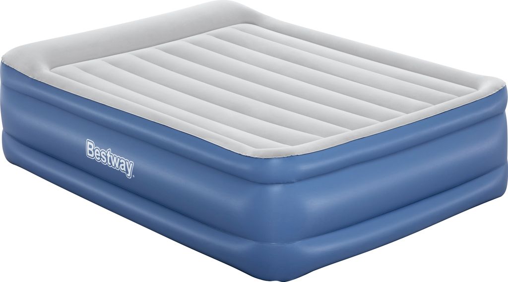 A blue and gray inflatable air mattress.