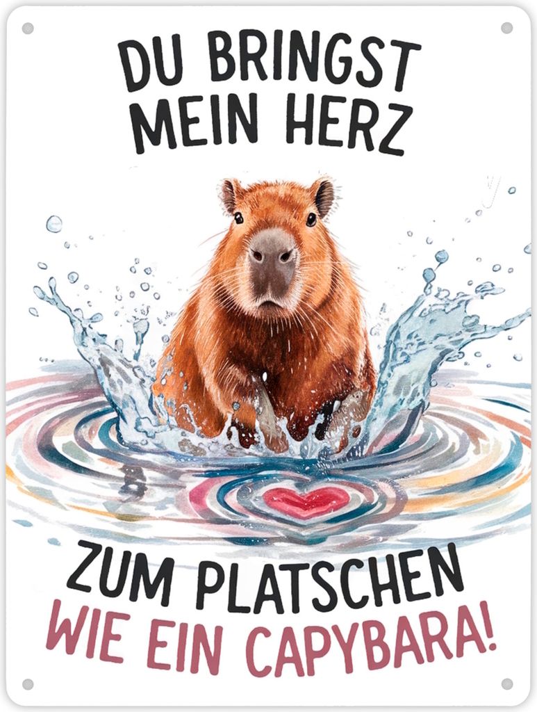 Bringst mein Herz zum Platschen Metallschild XL in 21x28 cm mit Capybara