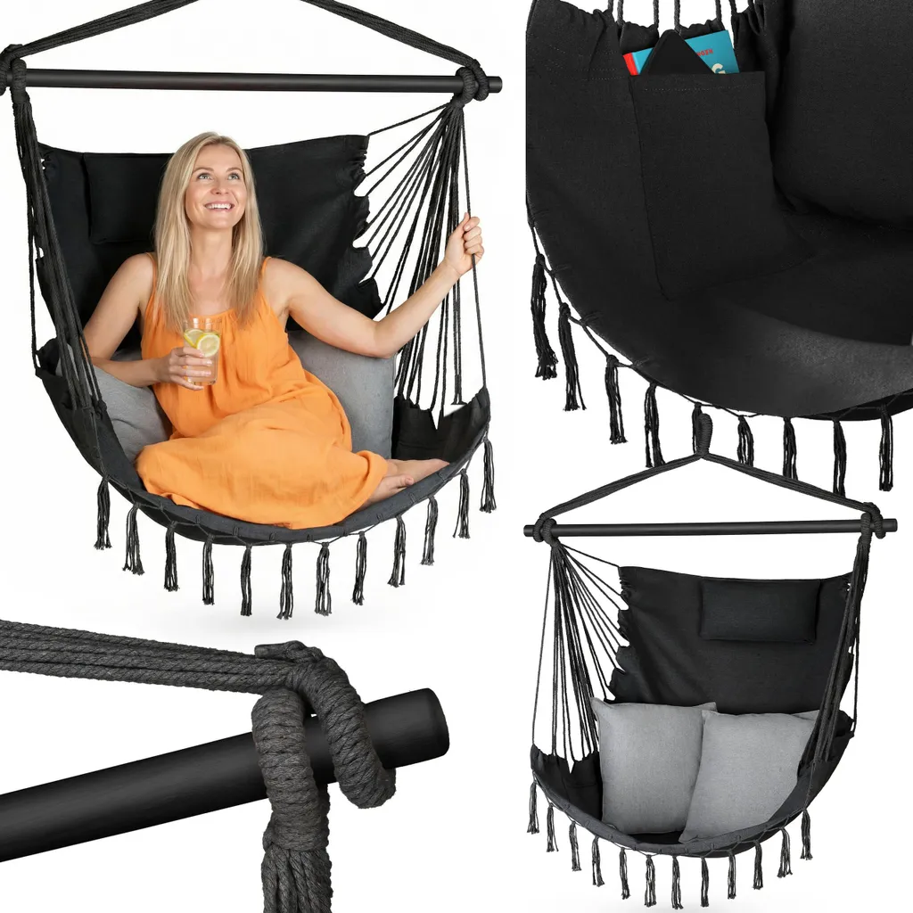 Chaise Hamac de Jardin à Franges Style Boho, Balançoire d'Intérieur Noire