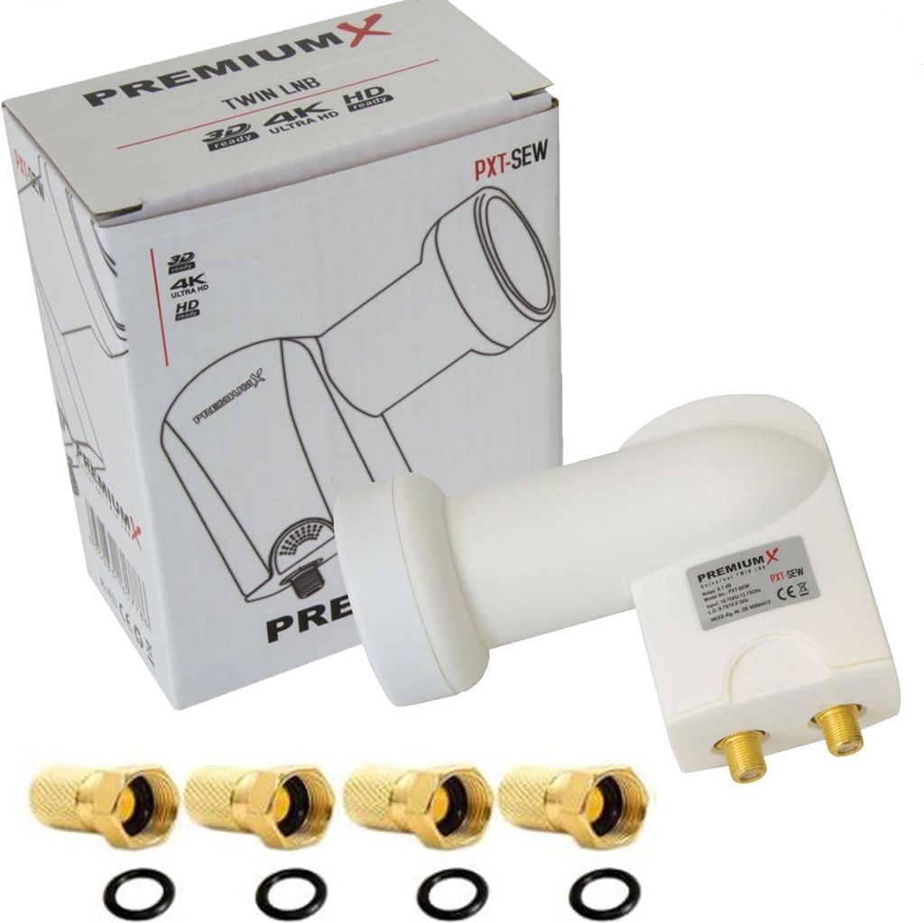 PremiumX Twin LNB weiß SAT für 2 Teilnehmer DVB-S2 HD 4K inkl. 4x F-Stecker