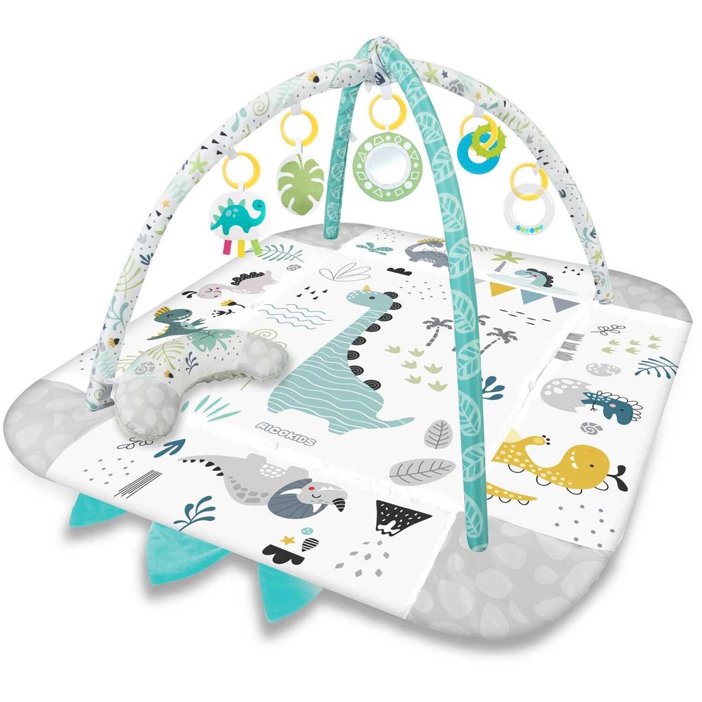 A baby play mat with an overhead gym structure and hanging toys, featuring a dinosaur theme.