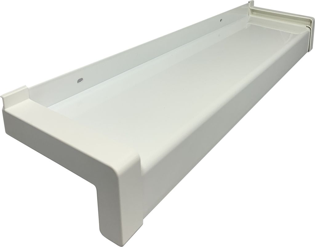 Aluminium Fensterbank weiß, Ausladung: 180 mm, Rasterlänge: 1600 mm Kunststoffgleitabschluss (Paar)