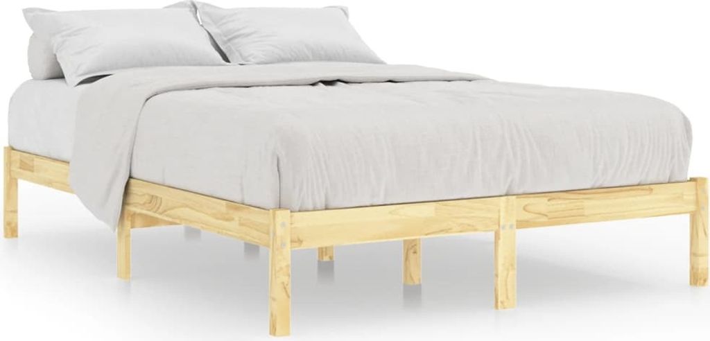 A wooden bed frame with white bedding and pillows, shown against a white background.