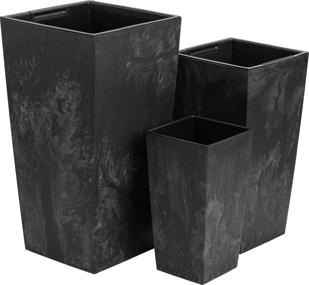 Three black planters of varying sizes are arranged together against a white background.