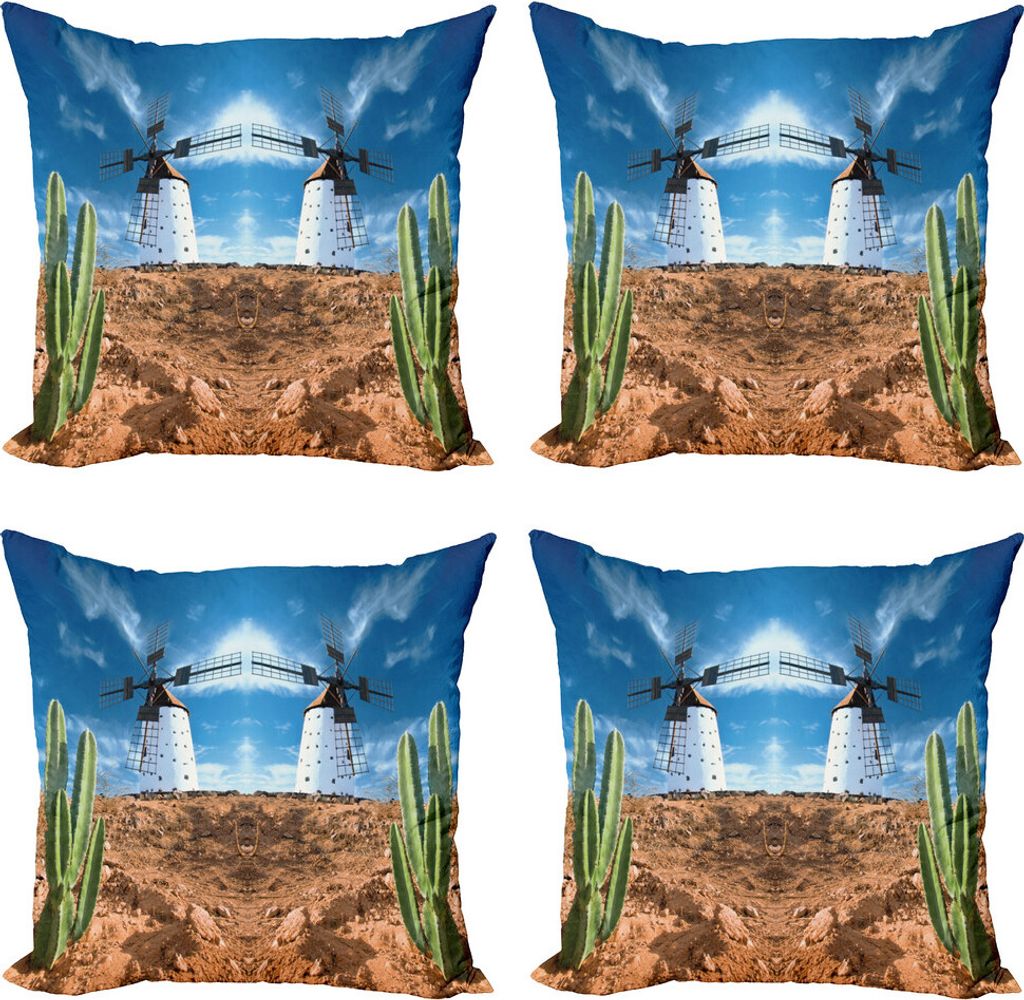 ABAKUHAUS Natur Kissenbezug Set (4 Stück), Windmühle und Exotische Kaktus, Moderner Doppelseitiger Digitaldruck, 40 cm x 40 cm, Blau und Brown