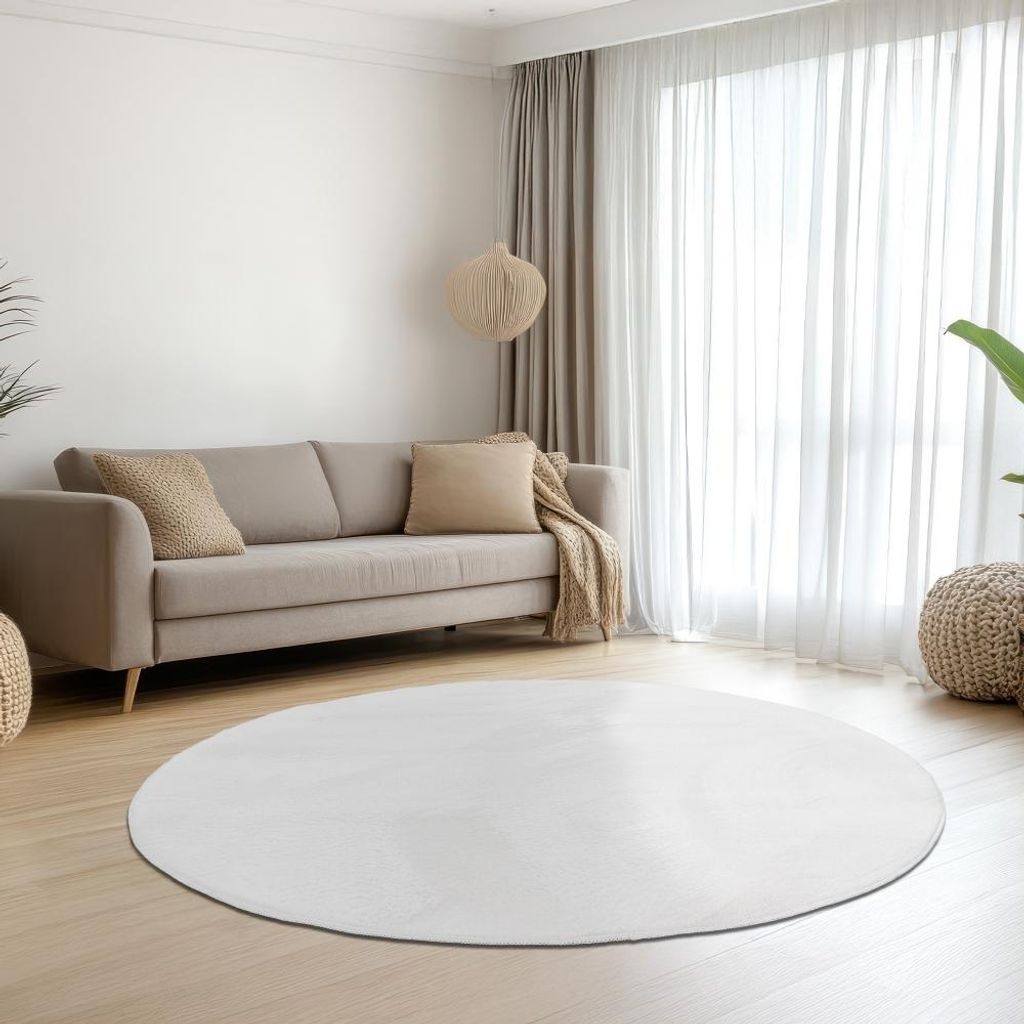 Teppich weiß samtig weich Hasenfell-Optik mit sanftem Glanz Größe - 200 cm Rund