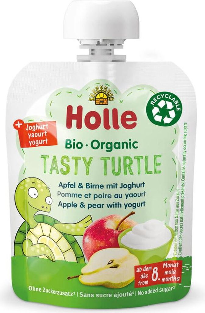 10 x HOLLE Organic Tasty Turtle Apple & Pear With Yogurt 85g