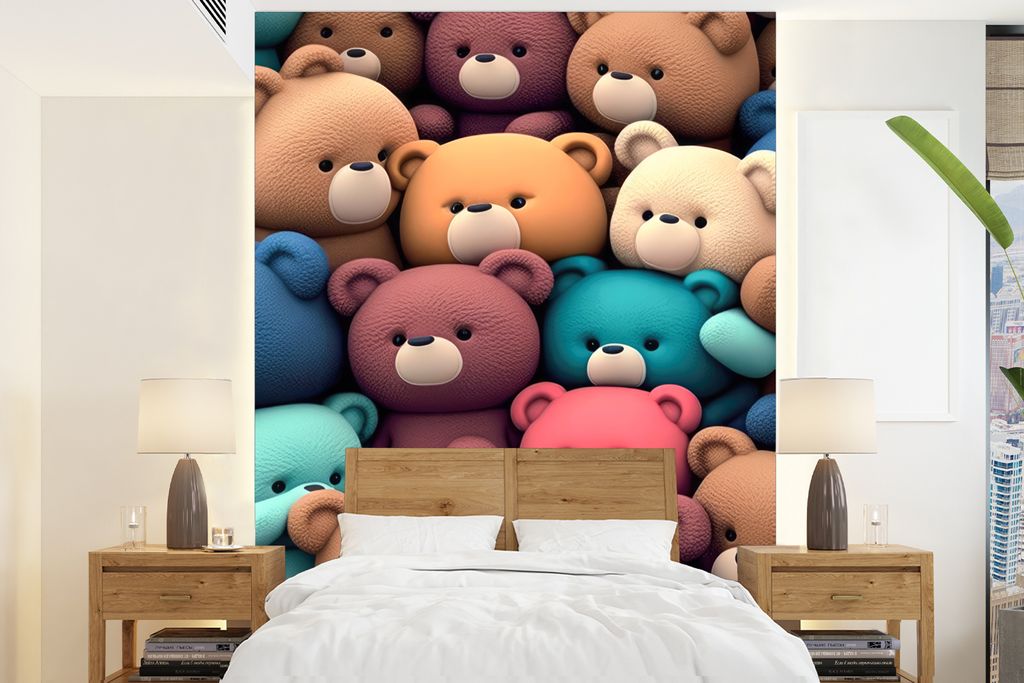 MuchoWow Fototapete für Wohnzimmer oder Schlafzimmer Wandtapete Vinyl Motivtapete Teddybär - Stofftier - Rosa - Blau - Braun - Kind - 175x240 c...