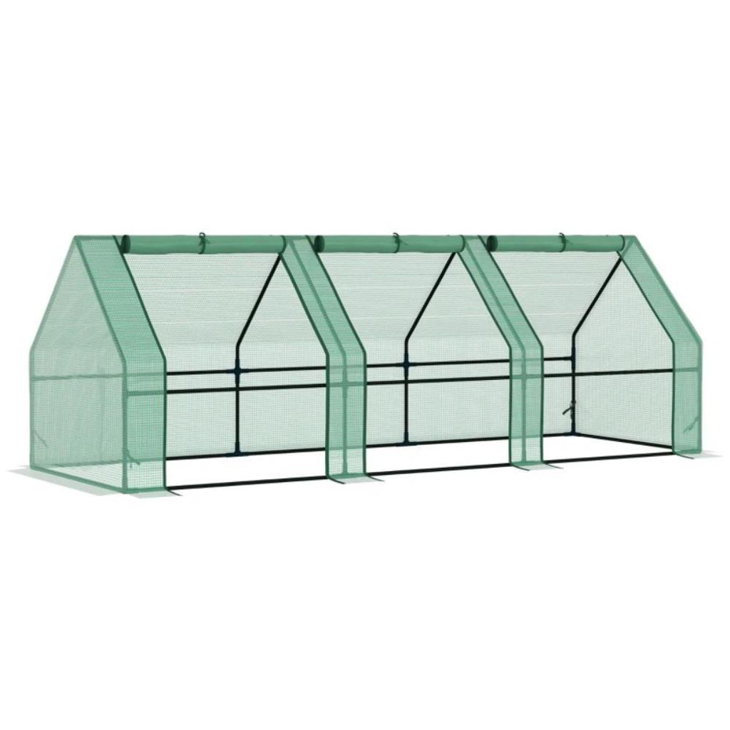 Gewächshaus mit 3 Rollfenster,Gitterfolie, Foliengewächshaus aus Stahl, Treibhaus für Balkon, Garten 270x90x90cm