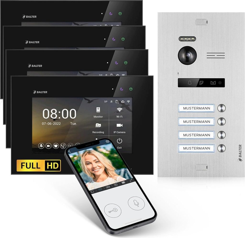 HD Video Türsprechanlage mit Smartphone App für 4 Familienhaus, 4x Monitor, Balter EVO HD WLAN Silber/Schwarz