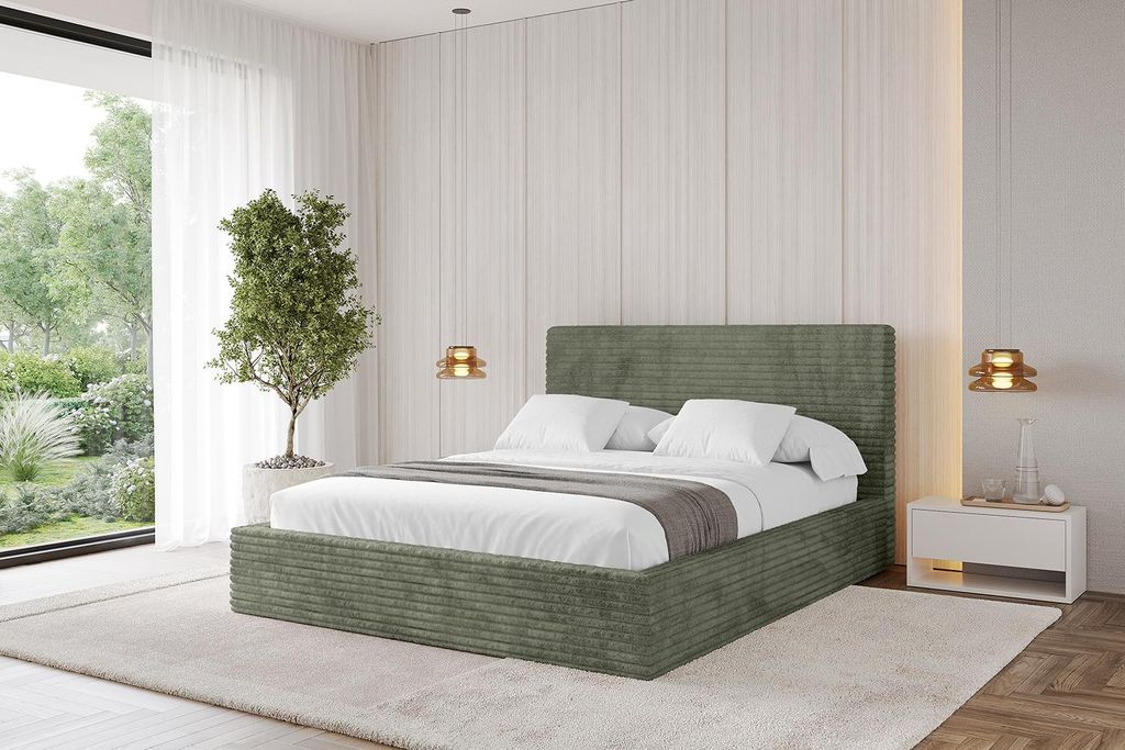 ALTDECOR Polsterbett mit Bettkasten - ALOVA - 200x200 Cord - Olive - Bett mit Matratze H3/H4, Kopfteil, Boxbett, Lattenrost, Doppelbett mit Stauraum