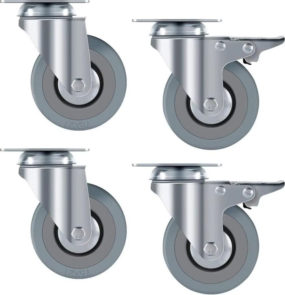 Schwerlast-Zwenkrollen mit Bremse Ø75mm – Set 4 Stück – Transportrollen bis 150kg – Polyurethan – Mit Feststeller