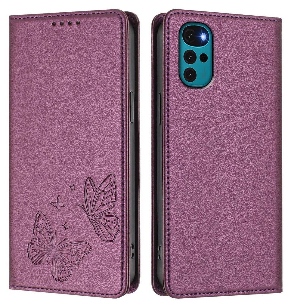 Lederhülle für Motorola Moto G22 / Moto E22s, Schmetterling Prägung Leder Brieftasche Schutzhülle mit Ständer Lila