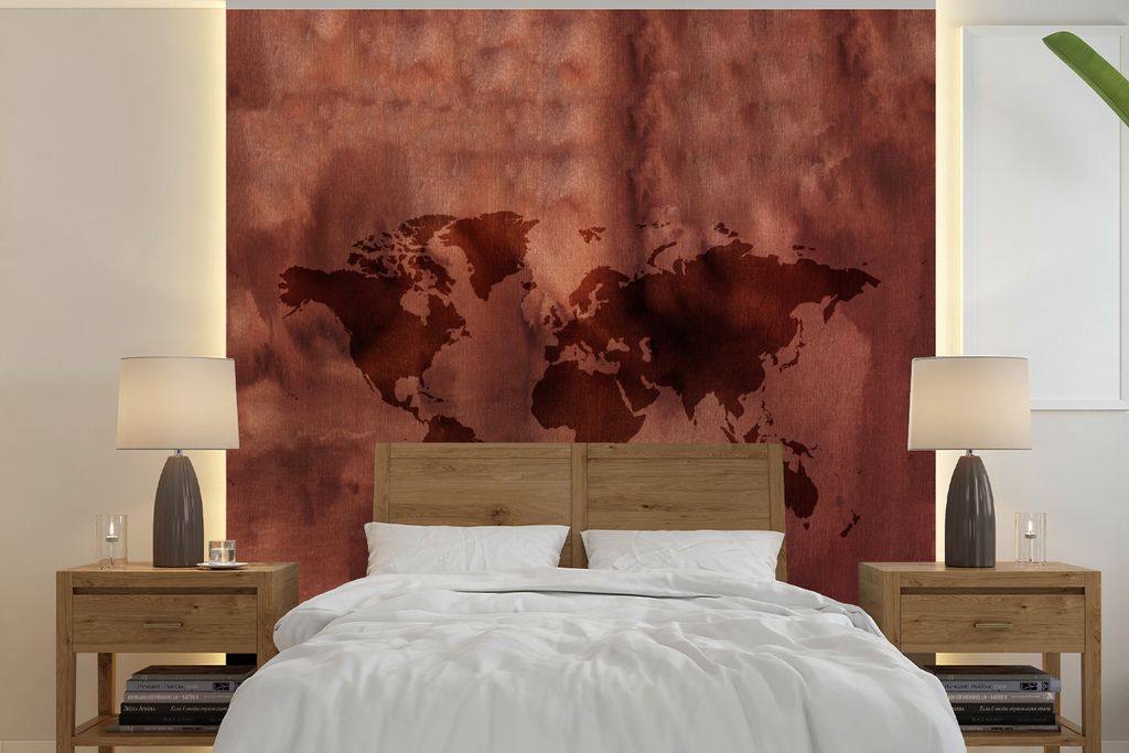 MuchoWow Fototapete für Wohnzimmer oder Schlafzimmer Wandtapete Vinyl Motivtapete Weltkarte - Braun - Rot - 350x350 cm - Schlafzimmertapete