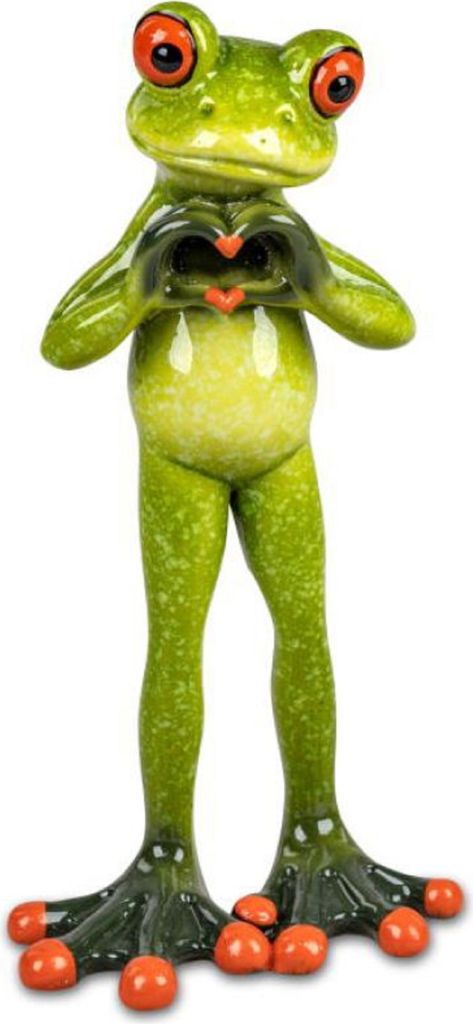 Dekofigur Frosch aus Froschhausen - Kunststein grün - Frosch stehend mit Herzhand A