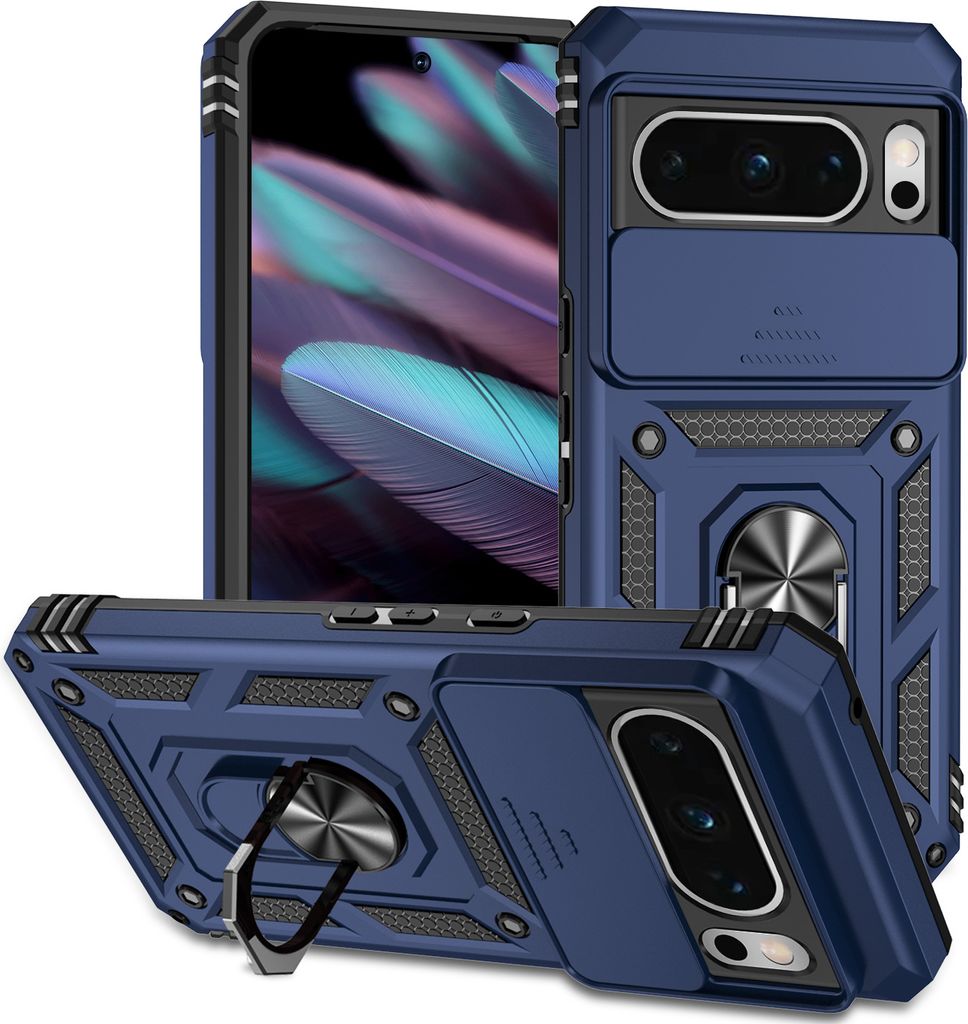 Google Pixel 8 Pro Hülle mit Schiebe Kamera Schutz und Ringhalter Ständer Schutzhülle für Google Pixel 8 Pro Blau