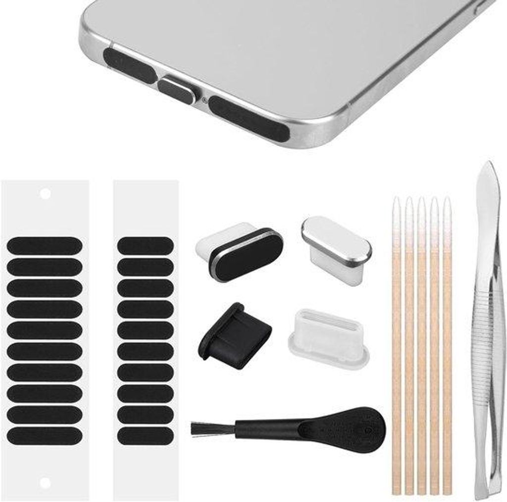 USB-C-Stoffpluggen und Telefonsprecher-Hüllen. Oplaadpoortcovers für iPhone und USB-C-Geräte. Schutz für Telefonsprecher.