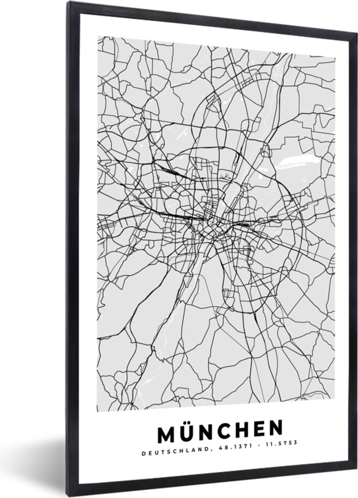 MuchoWow Gerahmtes Poster Karte - München - Karte - Deutschland 40x60 cm - Poster mit Schwarzem Bilderrahmen Wandposter Rahmen Foto Bilder - Pap...