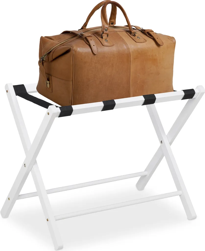 Support valise pliable bois naturel - Présentoir bagages 4 sangles nylon