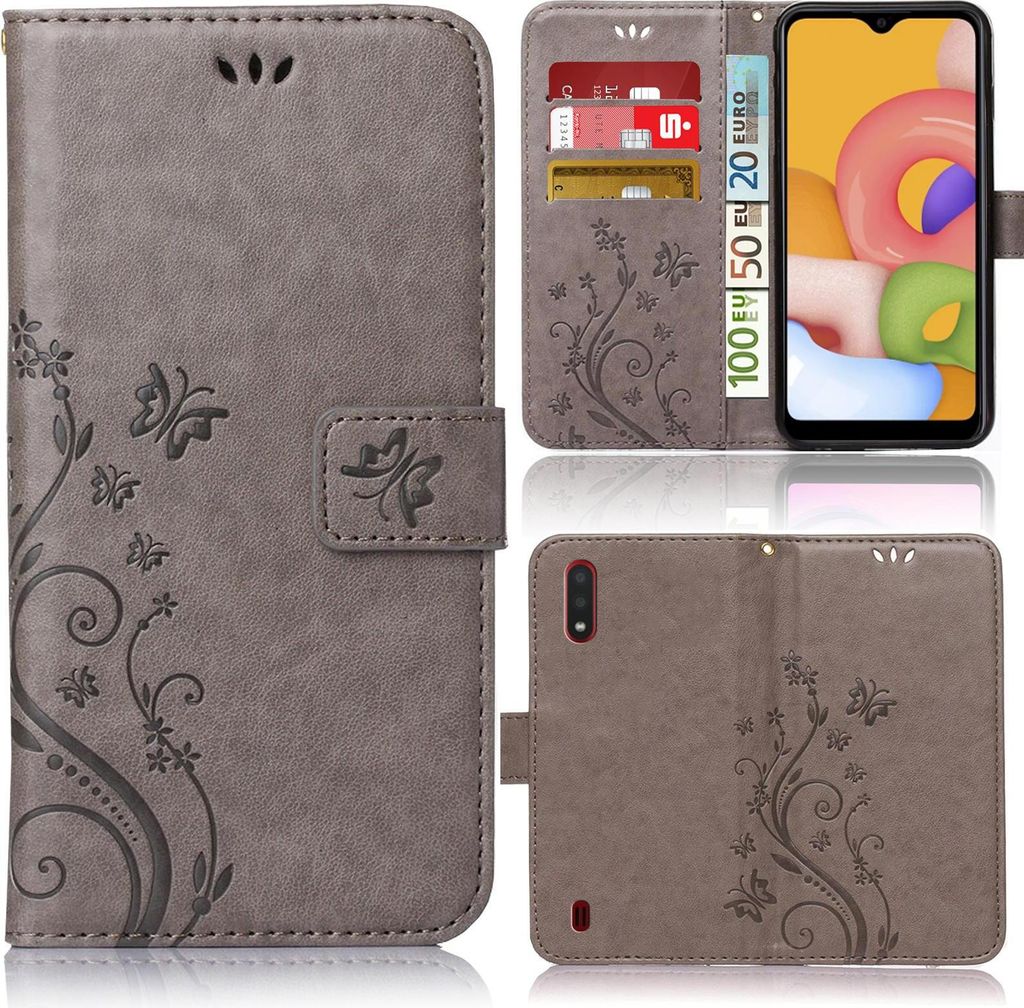 A collage of images showing a grey flip phone case with a floral pattern, a phone inserted into the case, and the case from the back.