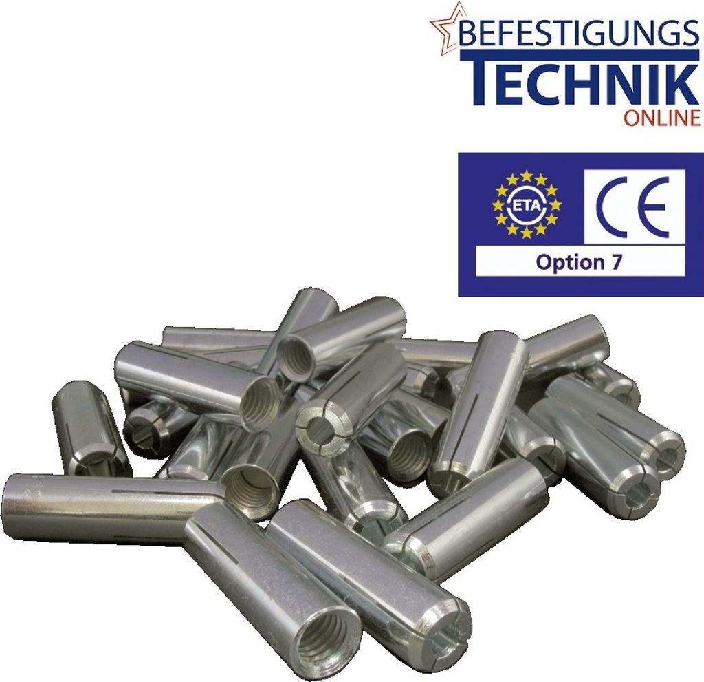 A pile of metal anchors with branding and CE certification visible.