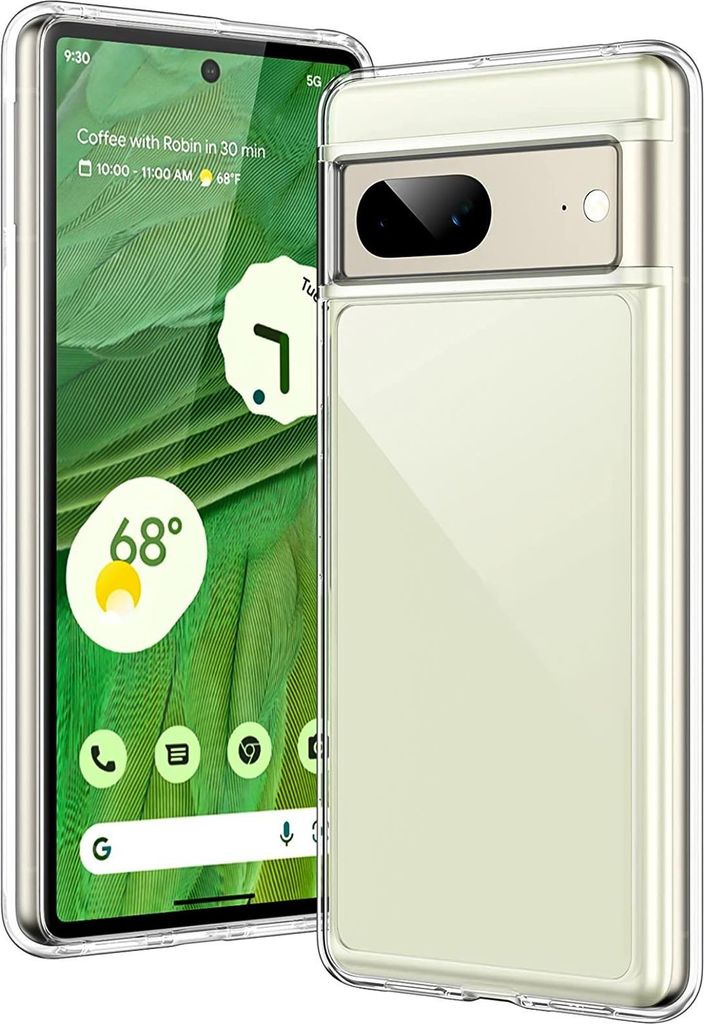 A clear protective case is shown on top of a Google Pixel 7 phone.