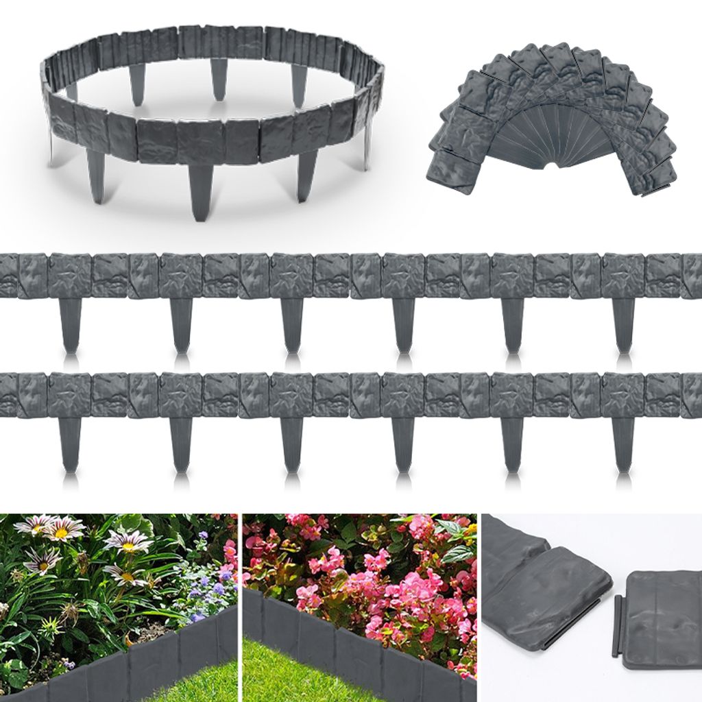 TolleTour Rasenkante Stein Beeteinfassung Beetbegrenzung PP-Rasenkanten kunststoff für Garten,Wiese LxH 25x23cm 30-teilige/7,5M Anthrazit