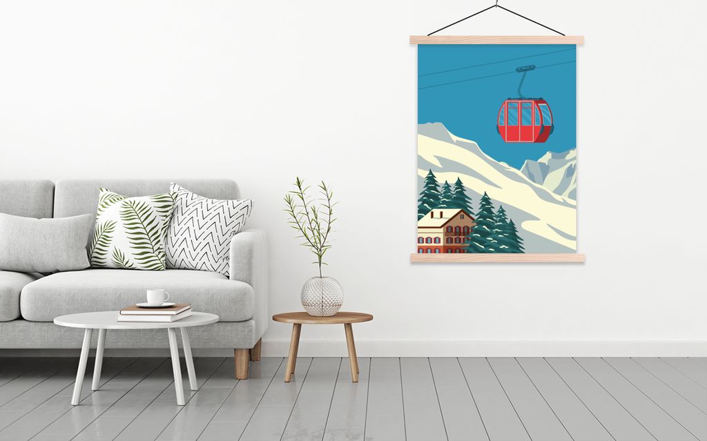 MuchoWow Textilposter Skilift - Vintage - Illustration - Alpen 120x160 cm mit holzfarbenen Rahmen - Plakatkarton