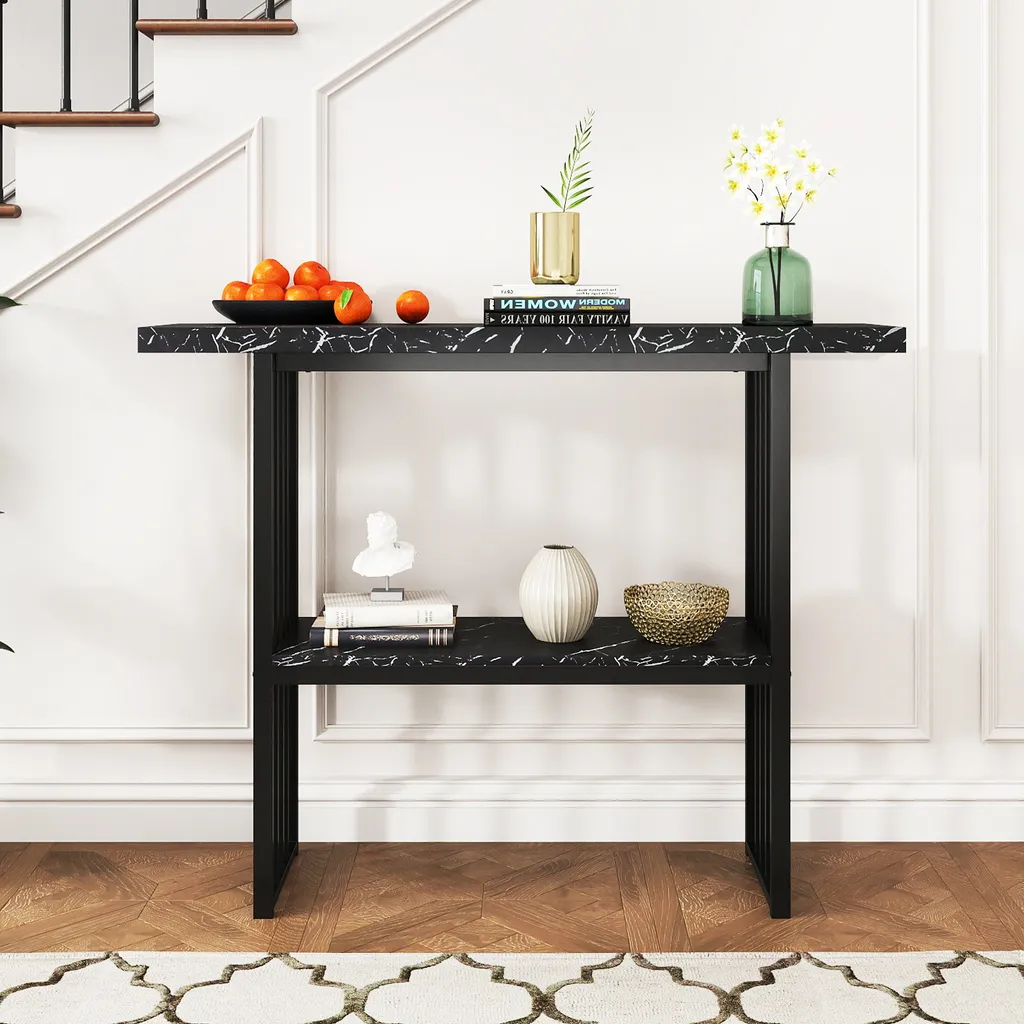Table d'entrée étroite gain de place 120 cm style marbre et noir - 4