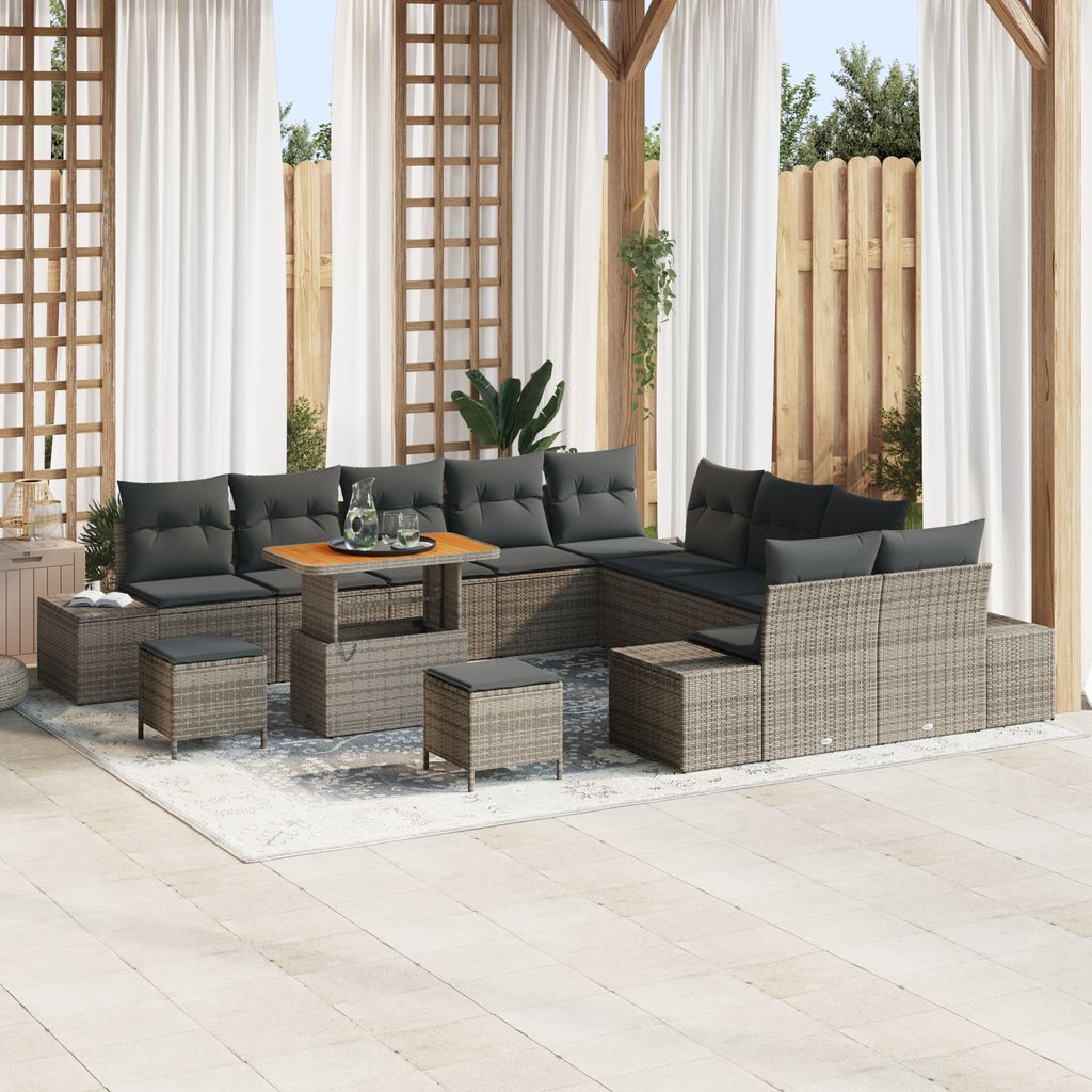 13-teiliges Garten-Sofa-Set mit Kissen Grau Poly Rattan Akazie, Gartensofas DesignMöbel Neu