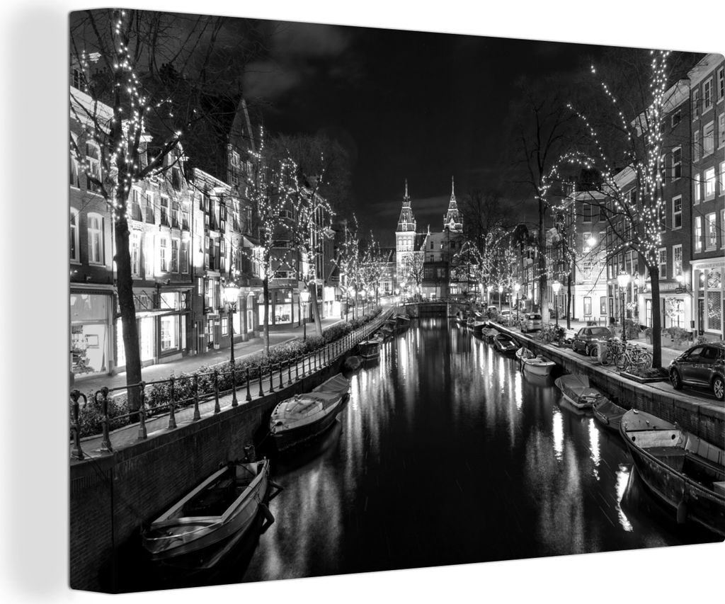 MuchoWow - Leinwandbilder - Das Rijksmuseum hinter der Spiegelgracht in Amsterdam - schwarz und weiß, Wandbild, Wanddeko Bilder Wohnzimmer, 90x6...